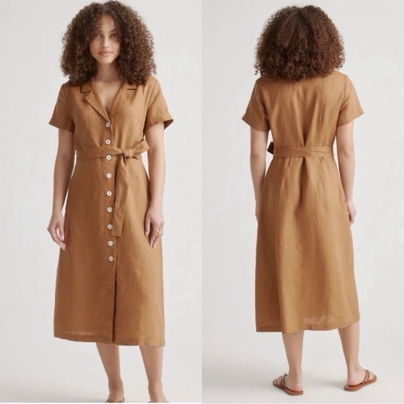 Quince Dresses & Skirts - Quince 100% European Linen Button Front Dress Brown Tan Tie XS